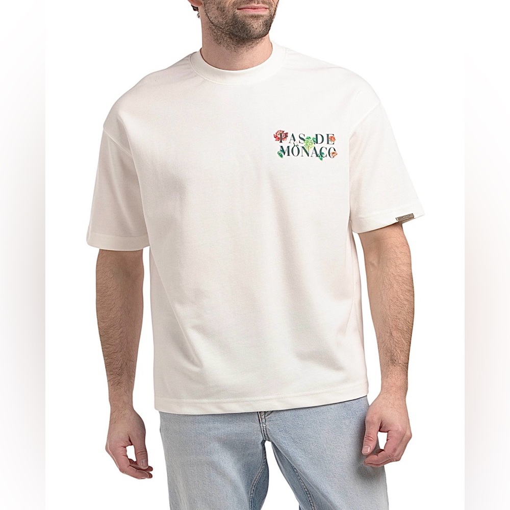 PAS DE MONACO Men's Off-White Tee - Floral Print - Metal Badge - Size: S - NWT!